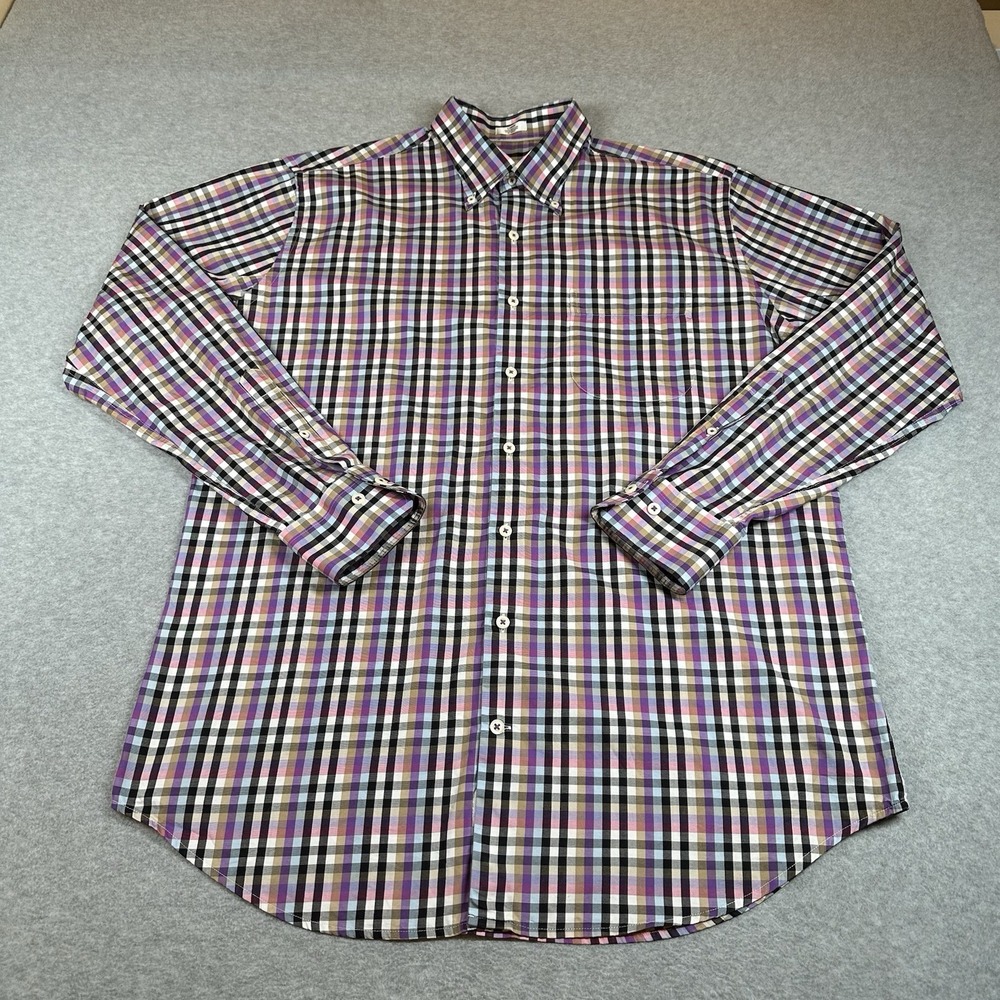 Peter Millar Shirt Mens L Purple Multicolor Check‎ 100% Cotton Button Down